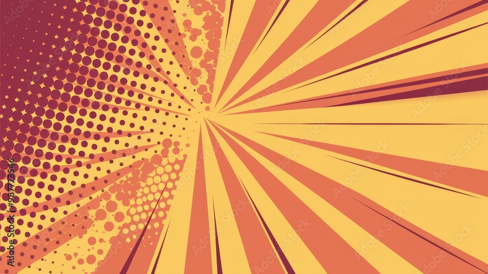Fototapeta premium A vibrant and dynamic background with a combination of halftone dots and radial beams. The dominant colors are shades of orange and yellow, creating a warm and energetic ambiance. 