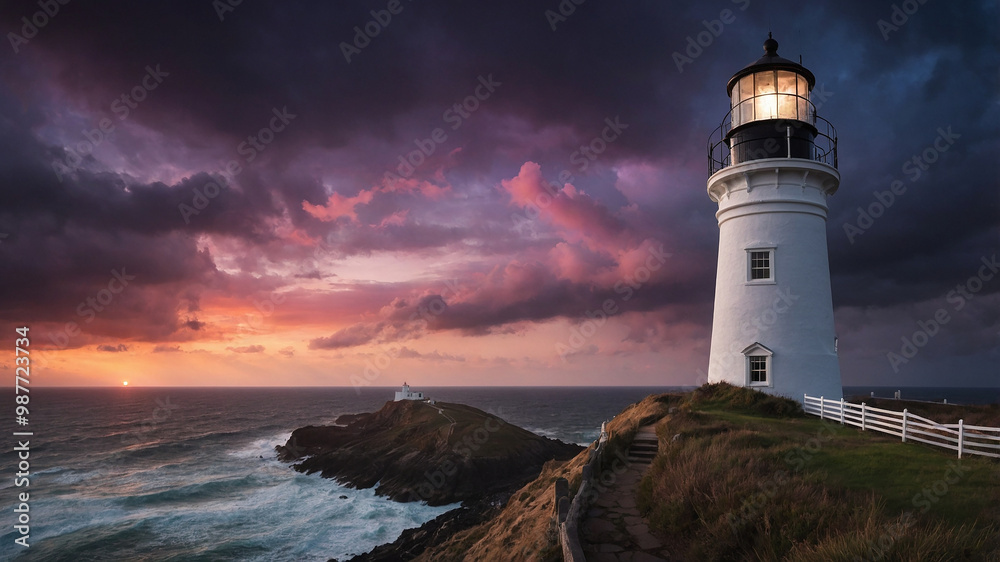 A mesmerizing lighthouse stands tall on a cliff, waves crashing below at a stunning sunset landscape. A mesmerizing lighthouse stands tall on a cliff, waves crashing below at a stunning sunset landscape.