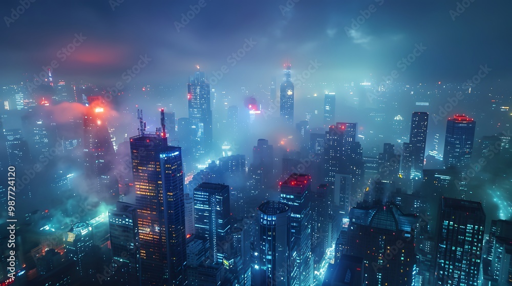 Nighttime Cityscape with Fog and Illuminated Buildings Nighttime Cityscape with Fog and Illuminated Buildings