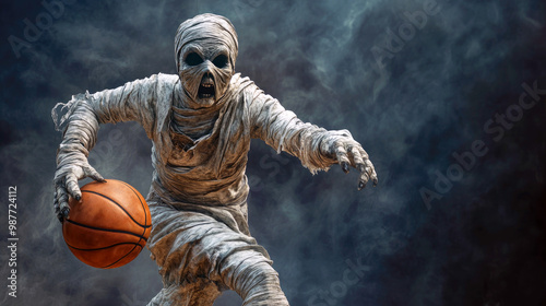 Scary Halloween mummy playing basketball with smoke and copy space on dark background, halloween and sport concept