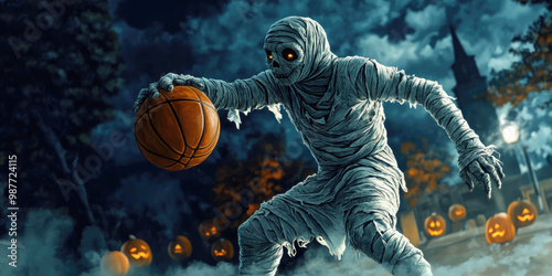 Scary Halloween mummy monster playing basketball holding basteball ball. Halloween and sport concept