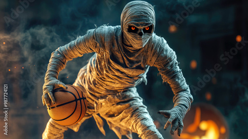 Scary Halloween mummy playing basketball, halloween sport concept