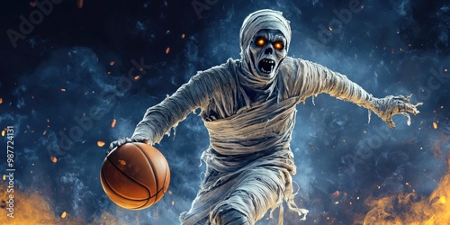 Halloween mummy playing basketball, halloween sport concept