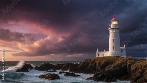 Wallpaper Mural A mesmerizing lighthouse stands tall on a cliff, waves crashing below at a stunning sunset landscape. Torontodigital.ca
