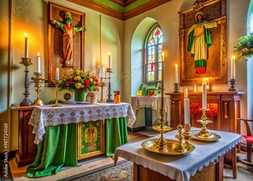 Peaceful Catholic Sacristy with Altar, Vestments, and Liturgical Items in a Serene Atmosphere photo