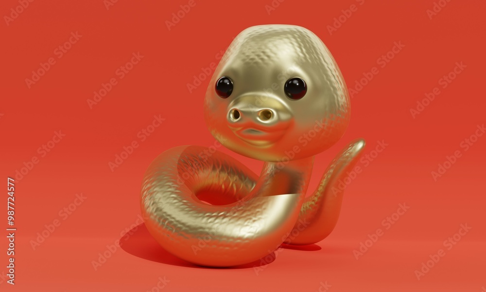 Fototapeta premium Cute cartoon golden snake on red background. 3d rendering