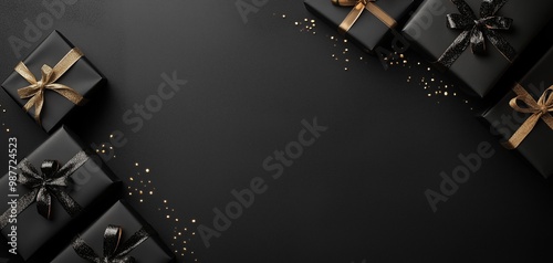 Elegant Black Friday concept with black gift box and golden accents on dark background. photo