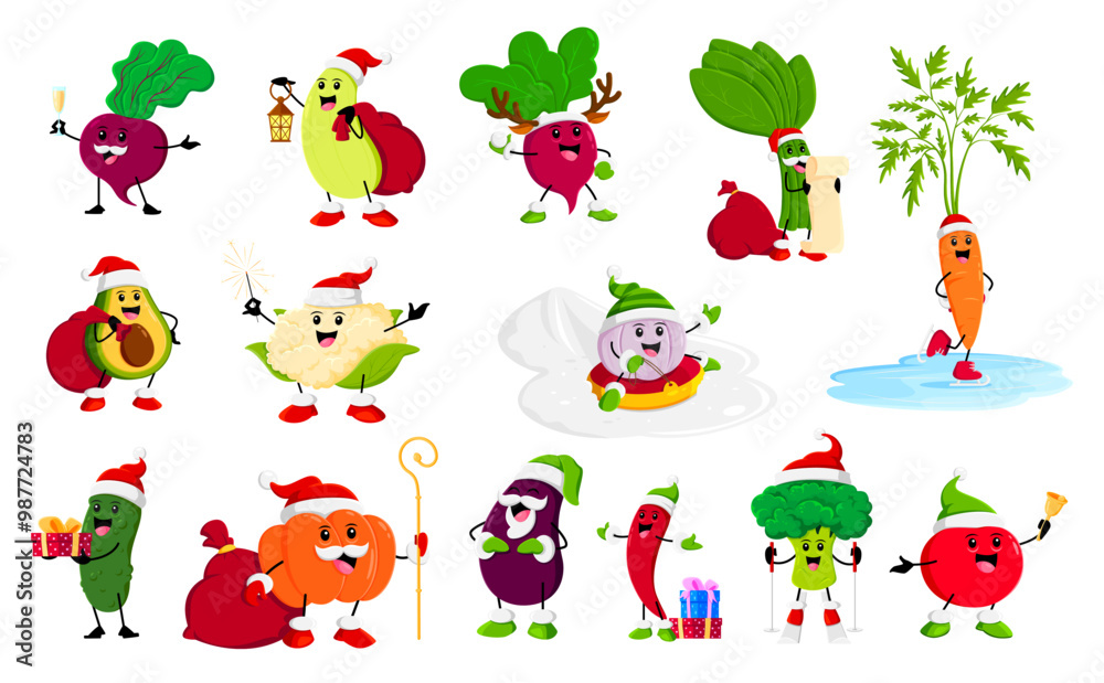 Naklejka premium Cartoon winter Christmas vegetable characters. Vector beetroot, squash, radish and spinach. Carrot, avocado, cauliflower or garlic with cucumber, pumpkin, eggplant, broccoli, tomato and chili pepper