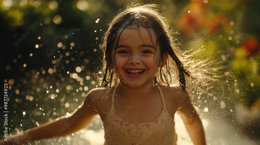 Obraz premium A little girl runs through a sprinkler in the garden