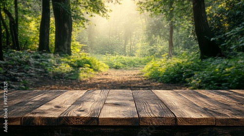 Wallpaper Mural Wooden Tabletop in Front of a Sunlit Forest Path Torontodigital.ca