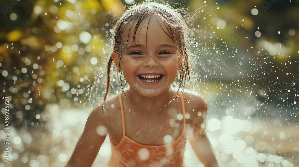 Obraz premium A little girl runs through a sprinkler in the garden