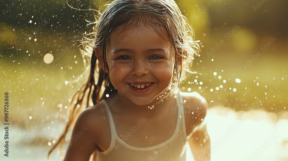 A little girl runs through a sprinkler in the garden A little girl runs through a sprinkler in the garden