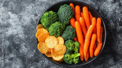 A well-balanced dish comprising fresh broccoli, carrots, and crunchy potato chips, all arranged on a black plate, representing a mix of green, orange, and golden colors in a visually appetizing prese photo