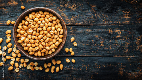 A rustic and textured bowl brimming with golden-brown roasted chickpeas placed on a dark wooden surface, showcasing the simplicity and heartiness of this healthy and protein-packed snack. photo