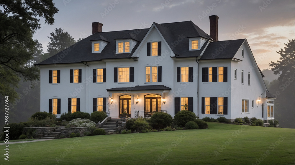 Large white house with a spacious front porch and expansive green lawn surrounded by misty trees. Large white house with a spacious front porch and expansive green lawn surrounded by misty trees.