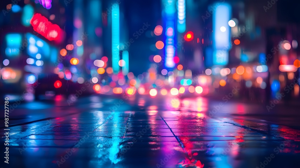 Wet Pavement Reflecting City Lights at Night. Blurry background urban city. Neon. Copy space concept. Wet Pavement Reflecting City Lights at Night. Blurry background urban city. Neon. Copy space concept.