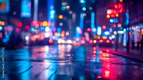 Wet Pavement Reflecting Neon City Lights. Blurry background urban city. Neon. Copy space concept.