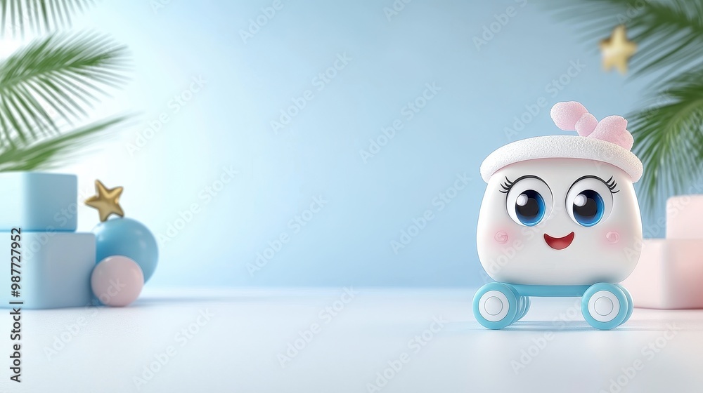Obraz premium Cute Cartoon Toy with Blue Background and Decorations