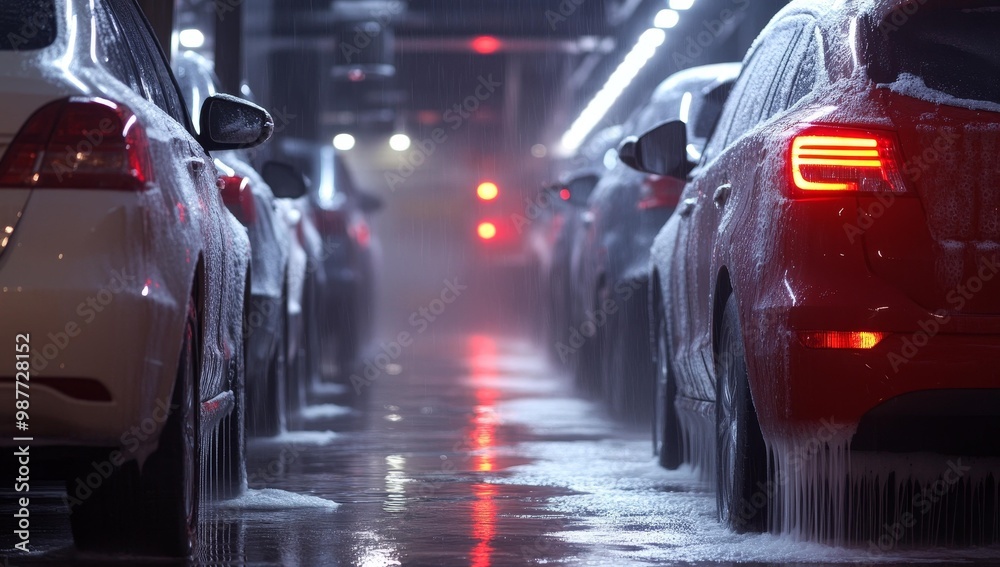 Cars covered in soapy water at a car wash. Cars covered in soapy water at a car wash.