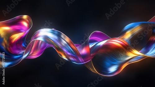 Abstract Flowing Metallic Ribbon with Rainbow Colors on Black Background