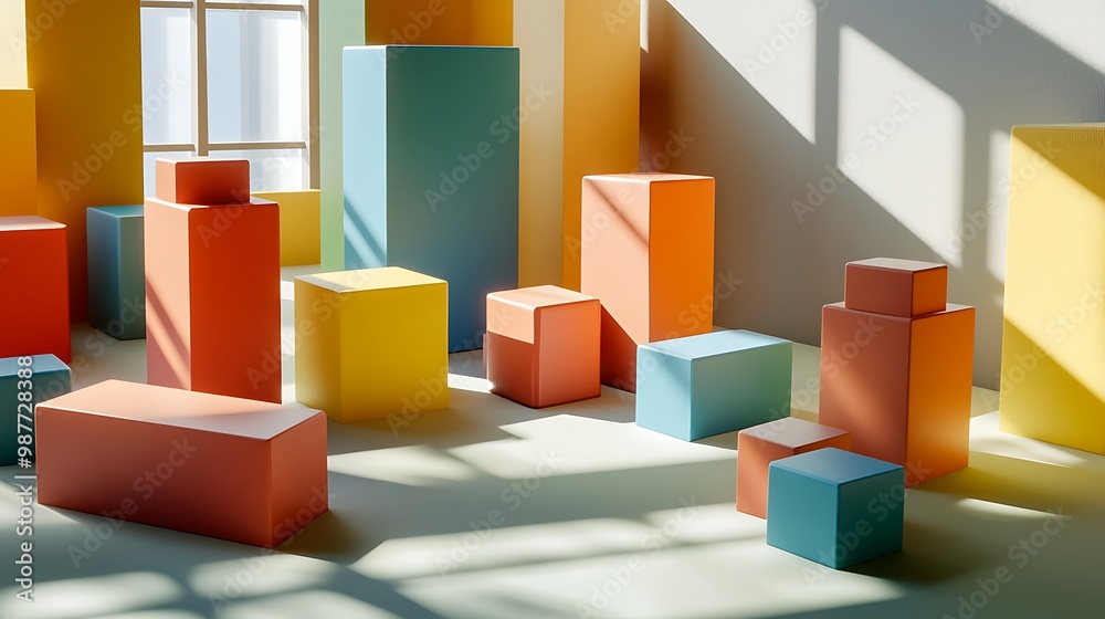 Obraz premium Colorful Geometric Shapes with Shadows on Light Background