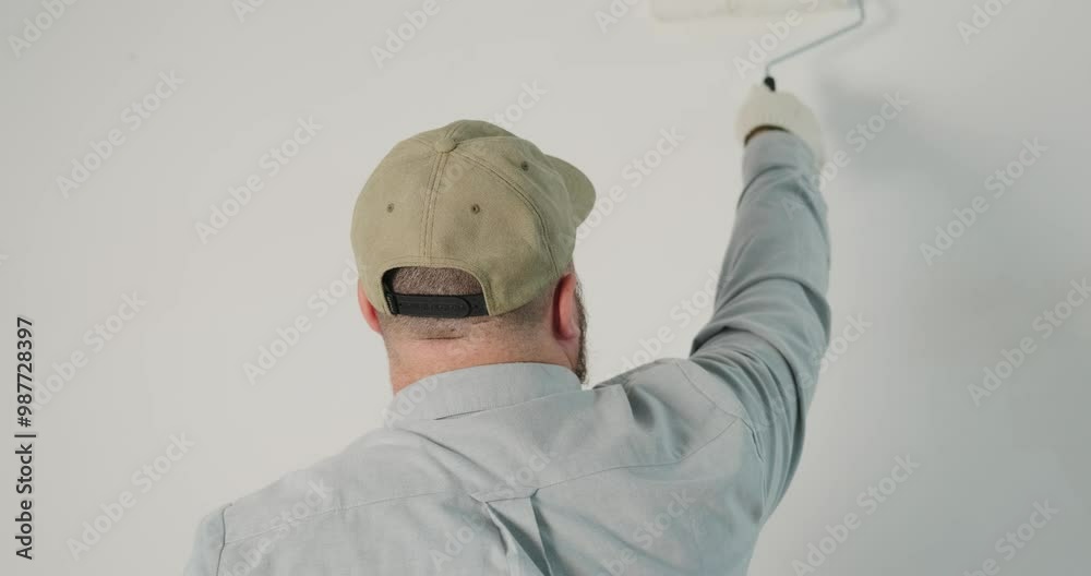 Back view of a man in construction gloves painting a wall with white paint using a roller. Renovation in a new house, preparing for a housewarming. Professional painter, handyman. Worker. Back view of a man in construction gloves painting a wall with white paint using a roller. Renovation in a new house, preparing for a housewarming. Professional painter, handyman. Worker.
