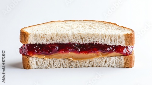 A classic peanut butter and strawberry jam sandwich, isolated on a crisp white background with soft shadows for a minimalist look