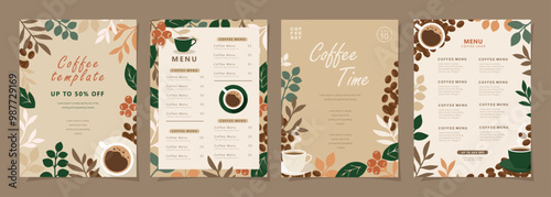 Set of banners design with coffee beans and leaves on minimal background for invitations, cards, banner, poster, cover, cafe menu or another template. Vector illustration.