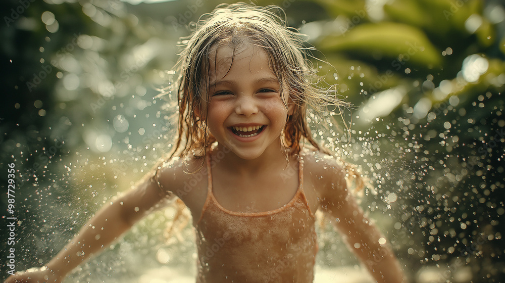 Obraz premium A little girl runs through a sprinkler in the garden