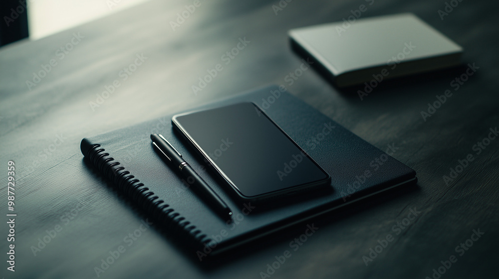 Business accessories on a desk including a smartphone, pen, and notebook in a professional setting Business accessories on a desk including a smartphone, pen, and notebook in a professional setting