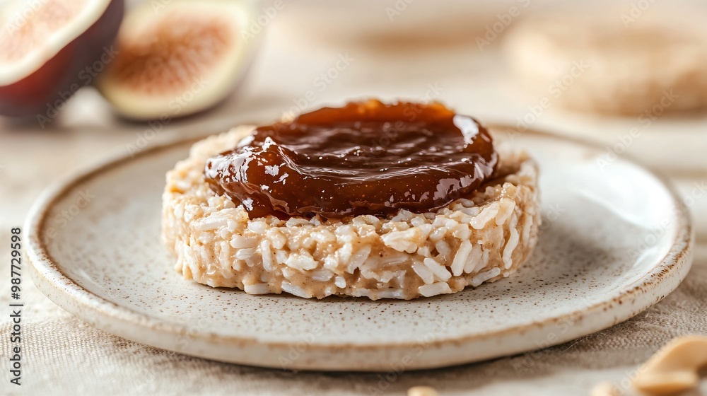 A serving of peanut butter and fig jam on a rice cake, isolated on a pale beige background to focus on the unique combination A serving of peanut butter and fig jam on a rice cake, isolated on a pale beige background to focus on the unique combination