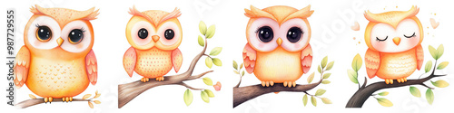 Cute cartoon owl in cozy outfits surrounded by flowers and branches photo