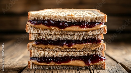 A stack of peanut butter and jelly sandwiches with different fruit jams, isolated on a rustic wooden table background for a homemade feel