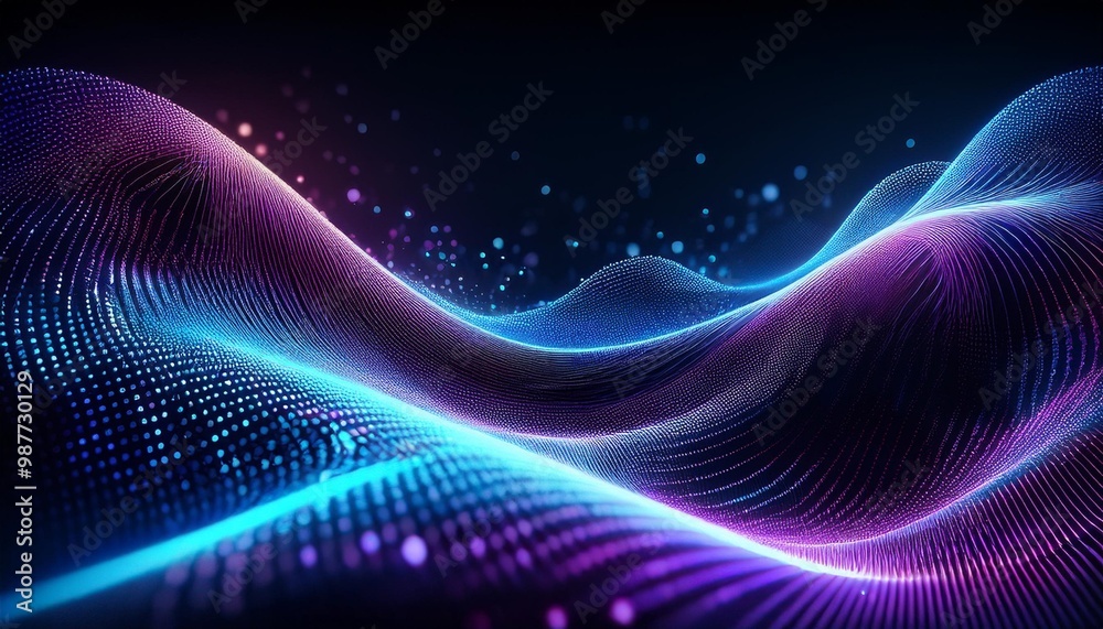 Dynamic Technology Waves- A Flow of Blue and Purple Dots Creating Depth and Movemen Dynamic Technology Waves- A Flow of Blue and Purple Dots Creating Depth and Movemen