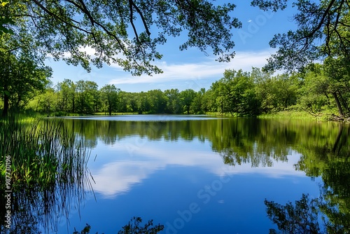 Tranquil Pond with Blue Sky and Green Trees Reflecting in Water photo