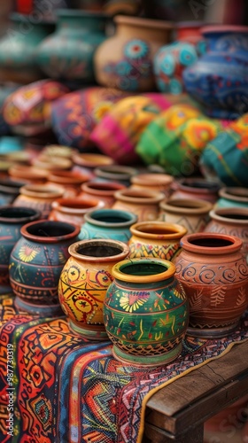 banner background of Navratri Day an enchanting view of traditional clay pots and colorful fabrics displayed at a Navratri market, showcasing the rich craftsmanship and cultural heritage, 