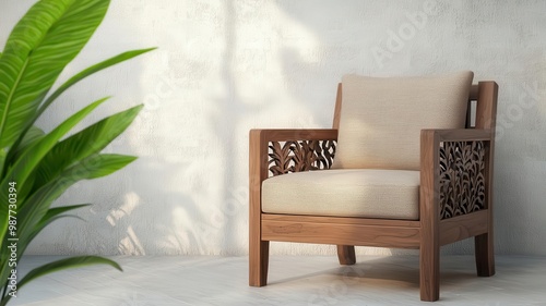 Artisanal teak wood chair with intricate carvings, placed in a cozy reading nook with soft natural lighting, teak furniture, handcrafted luxury