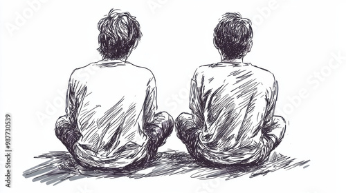 This hand-drawn black-and-white sketch illustration shows two people sitting together, seen from behind, offering an evocative portrayal of companionship and stillness in simple lines.