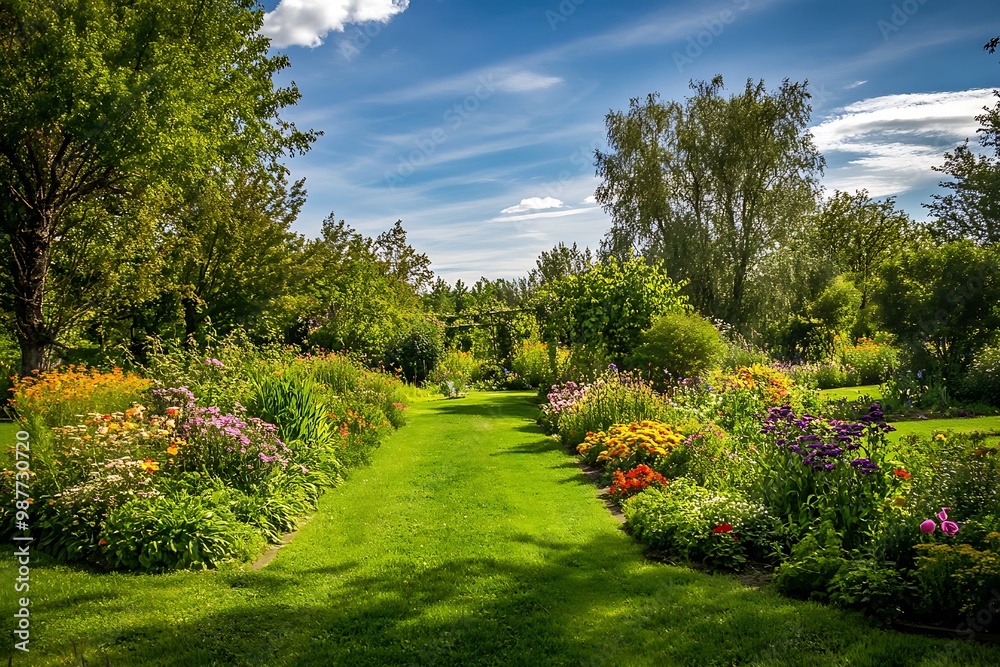 Obraz premium Green Grass Path Leading Through Lush Garden with Blooming Flowers and Blue Sky