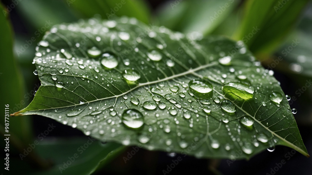 Close-up of green leaf with water droplets from rain, showcasing natural beauty and freshness in nature Close-up of green leaf with water droplets from rain, showcasing natural beauty and freshness in nature