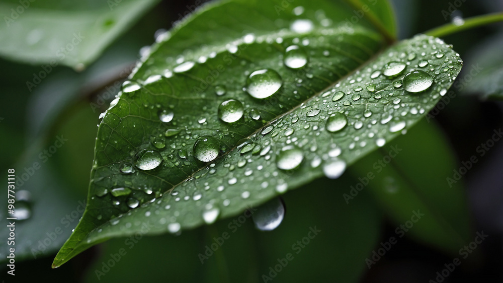 Close-up of green leaf with water droplets from rain, showcasing natural beauty and freshness in nature Close-up of green leaf with water droplets from rain, showcasing natural beauty and freshness in nature