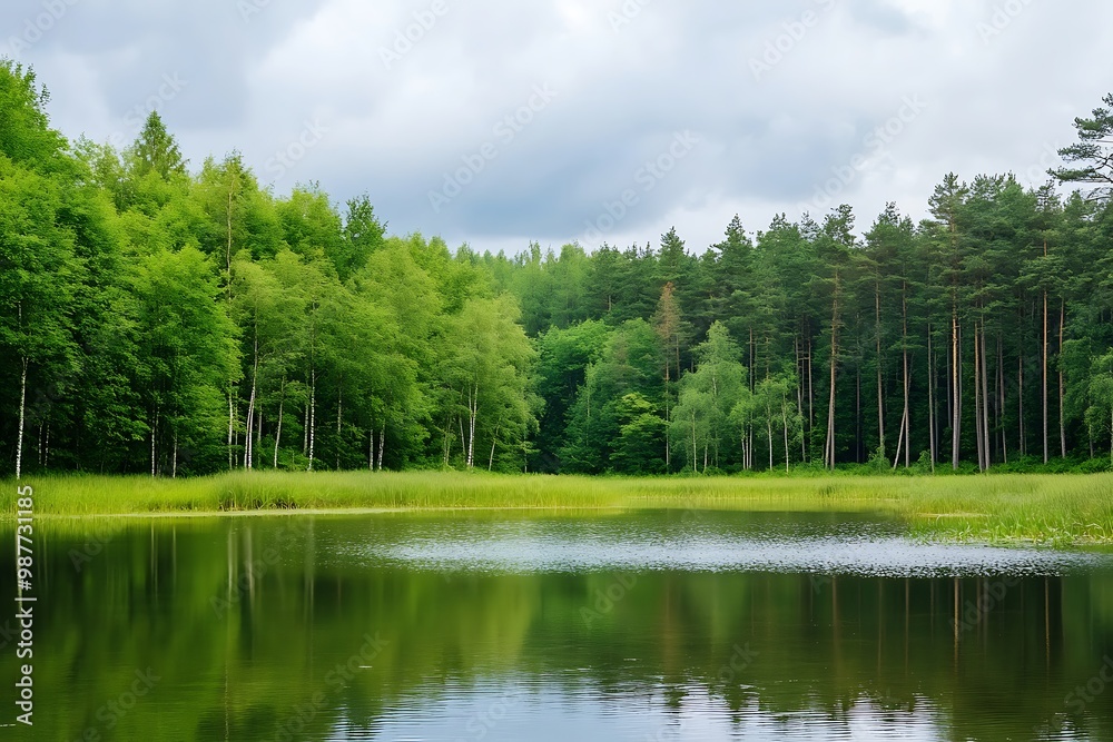 Serene forest lake landscape with green trees and cloudy sky reflection Serene forest lake landscape with green trees and cloudy sky reflection