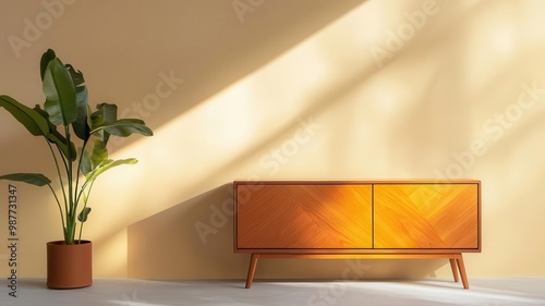 Handfinished teak media console with geometric designs in a minimalist living room, soft ambient lighting, teak furniture, modern artisan