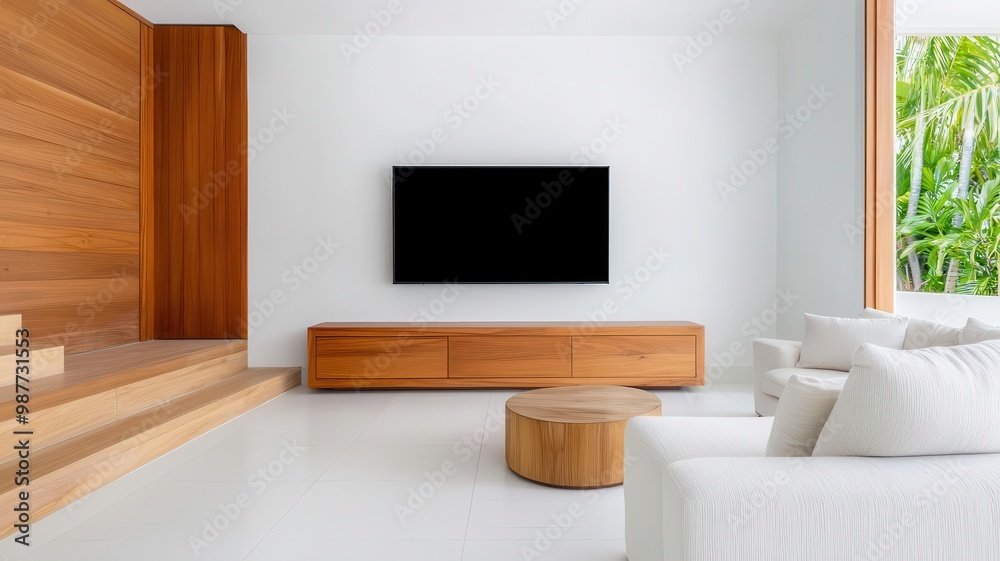 custom made wallpaper toronto digitalModern openconcept living room with a large teak entertainment center, minimalist decor, and neutral walls, teak furniture, minimalist interior
