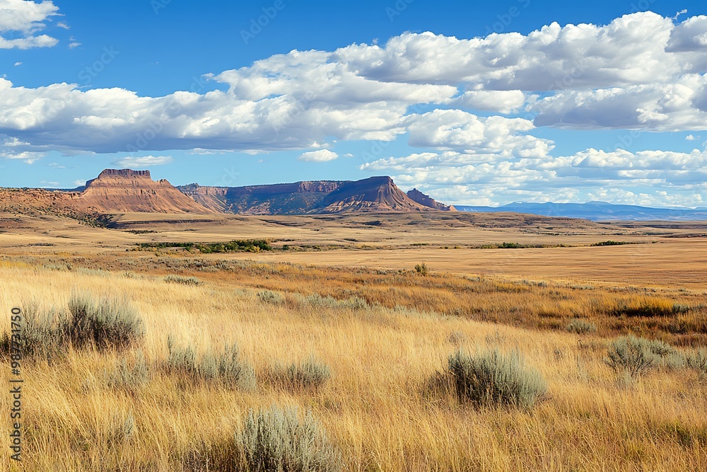 Wide shot of grassy prairie with distant mountains and blue sky with white fluffy clouds Wide shot of grassy prairie with distant mountains and blue sky with white fluffy clouds
