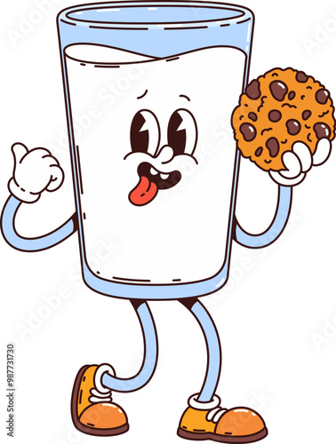 Glass of milk retro groovy breakfast character holding a chocolate chip cookie and giving a thumbs-up. Vector funky drink personage with joyful face expression, and playful nostalgic childhood vibes