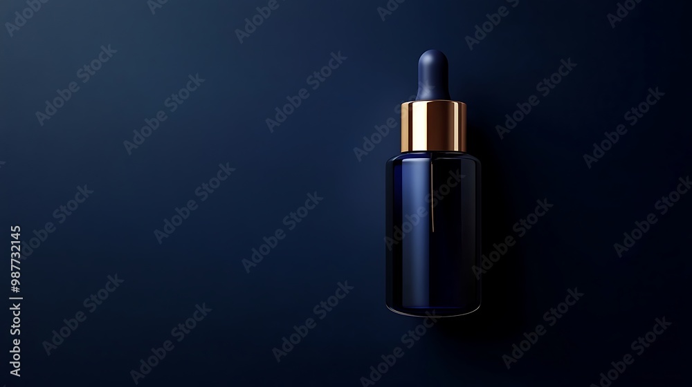 Blue Glass Dropper Bottle with Gold Cap on Dark Blue Background Blue Glass Dropper Bottle with Gold Cap on Dark Blue Background