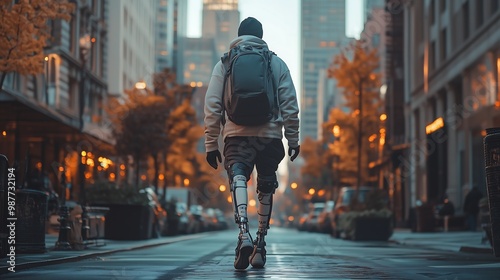 A runner wearing a specialized prosthetic leg photo