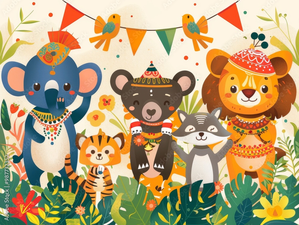 banner background of Navratri Day, [A playful illustration of animals dressed in traditional attire celebrating Navratri, bringing a whimsical touch to the festivities, banner background of Navratri Day, [A playful illustration of animals dressed in traditional attire celebrating Navratri, bringing a whimsical touch to the festivities,
