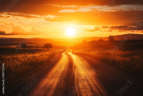 Sunset over a dirt road leading to horizon. Concept of new beginnings, journey, hope, and future.